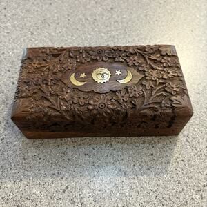 Vtg Boho Celestial Stars Sun Moon Brass Inlay Wooden Trinket Box Velvet Lined
